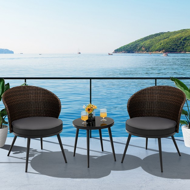 Costway 3pcs Patio Rattan Bistro Furniture Set Cushioned Chair Table Garden