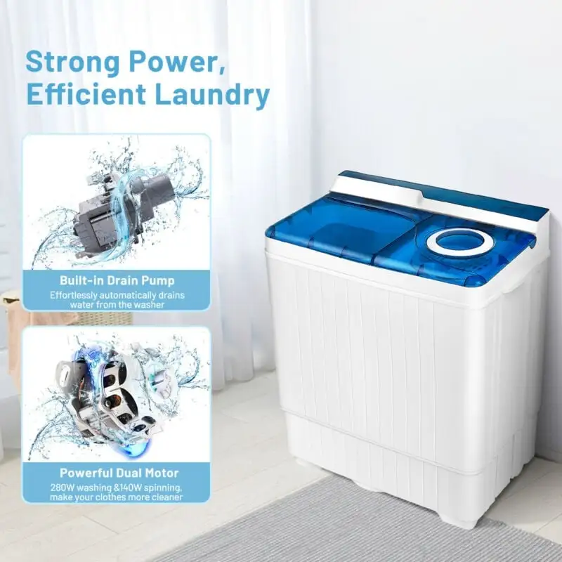 26lbs Portable Semi-automatic Washing Machine with Built-in Drain Pump Twin Tub Washer Spinner Combo