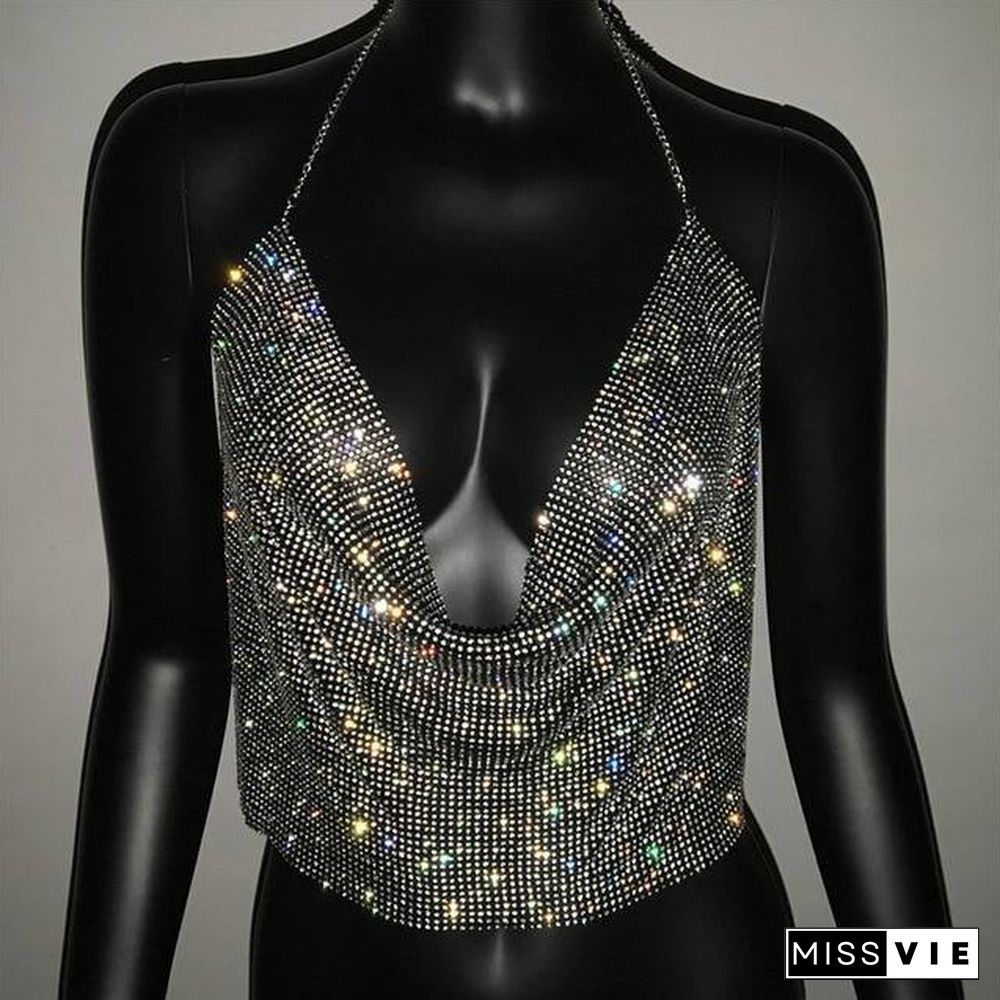 FestivalQueen Brilliant Rhinestone Backless Party Crop Top Women Summer Deep V Neck Night Club Diamonds Metal Tank Tops