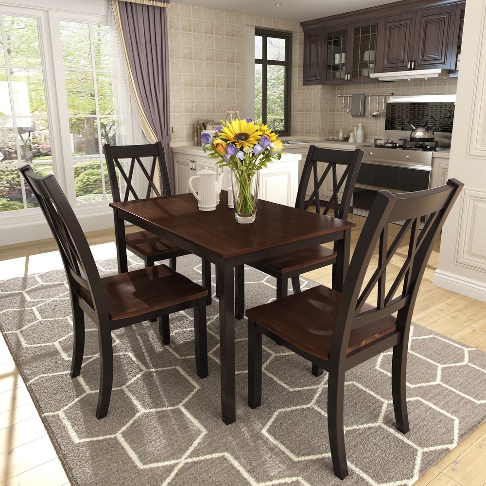 5Pcs Acacia Dining Set Home Kitchen Table Set with 4 Cross Back Dining Chairs