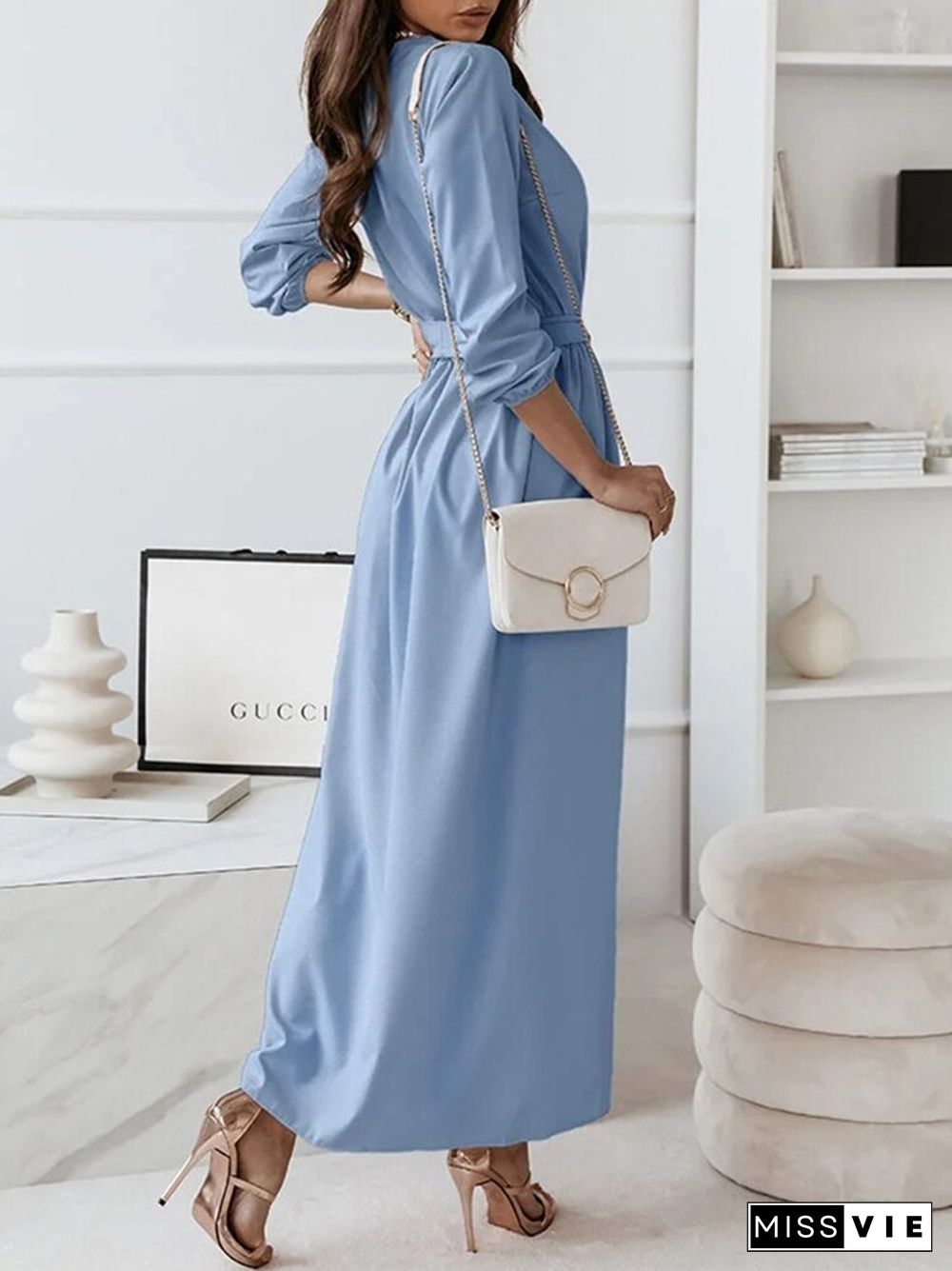 Spring Summer Elegant Half Sleeve V-Neck Lace-Up Long Dress Ladies Fashion Solid Loose Commuter Dress Women Office A-Line Dress