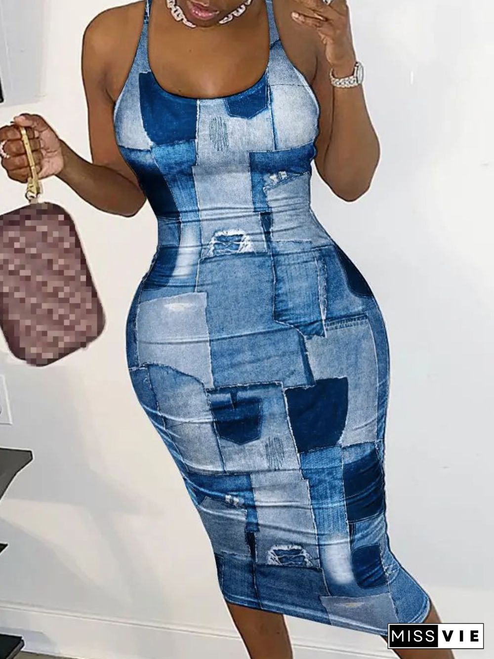 Trendy Sleeveless Denim Print Mesh Dress