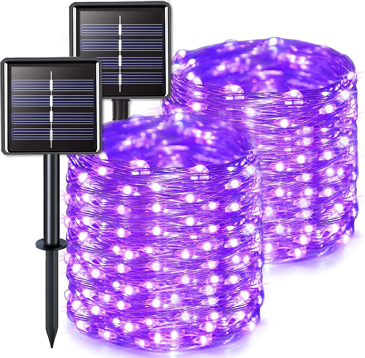 Solar Fairy Lights Set Of 2 Purple Halloween Solar Lights， Waterproof， 20m Each， 200 Leds， 8 Modes Copper Wire Lights For Halloween Decoration