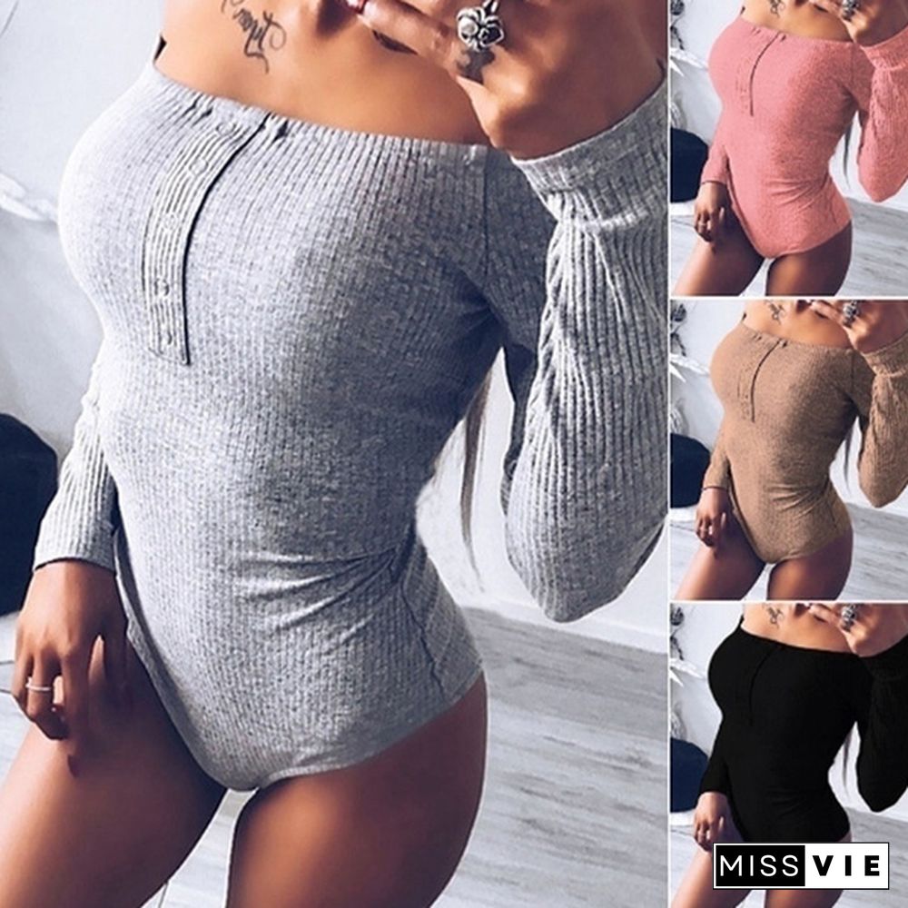 Women Sexy Bodysuits Off Shoulder Skinny Jumpsuits Long Sleeve T Shirt Casual Tops For Women