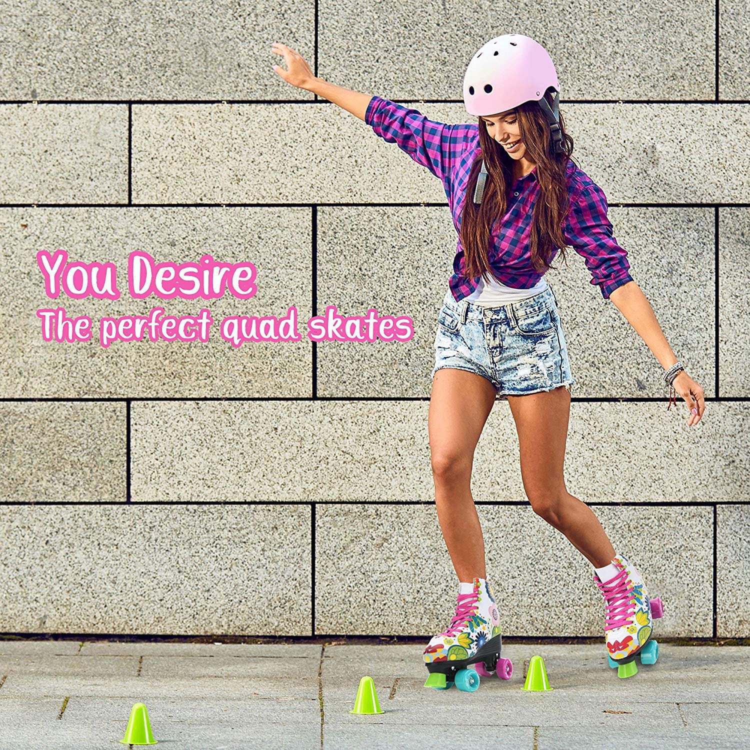 Quad Roller Skates for Girls and Women size 8 Women Pink Flower Outdoor Indoor and Rink Skating Classic Hightop Fashionable Design