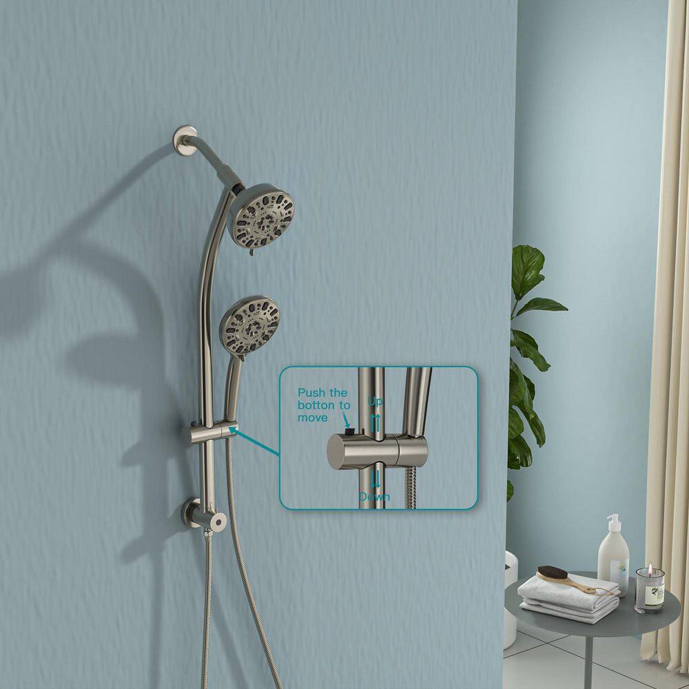 Logmey 7-Spray Patterns with 1.8 GPM 5 in. Wall Mount Dual Shower Heads with Hose and Shower Arm in Brushed LM-701SS