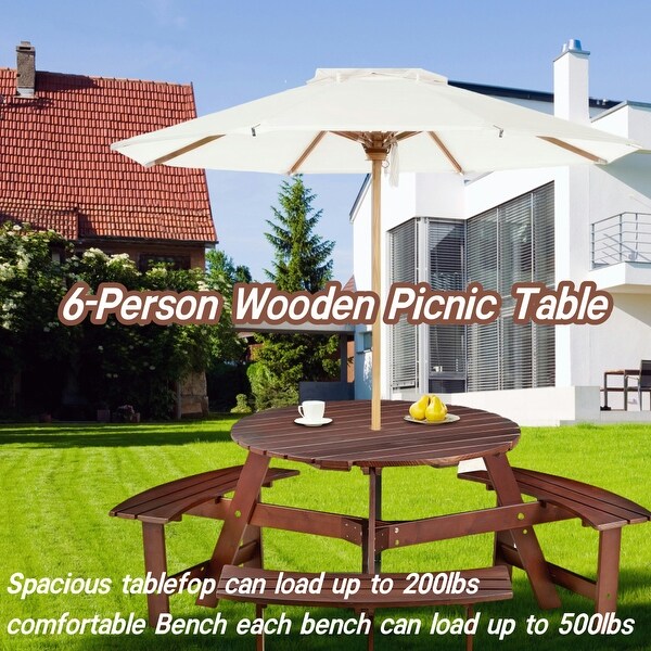 63'' 6Person Outdoor Patio Round Wood Metal Picnic Table with 3 Builtin Benches and Umbrella Hole