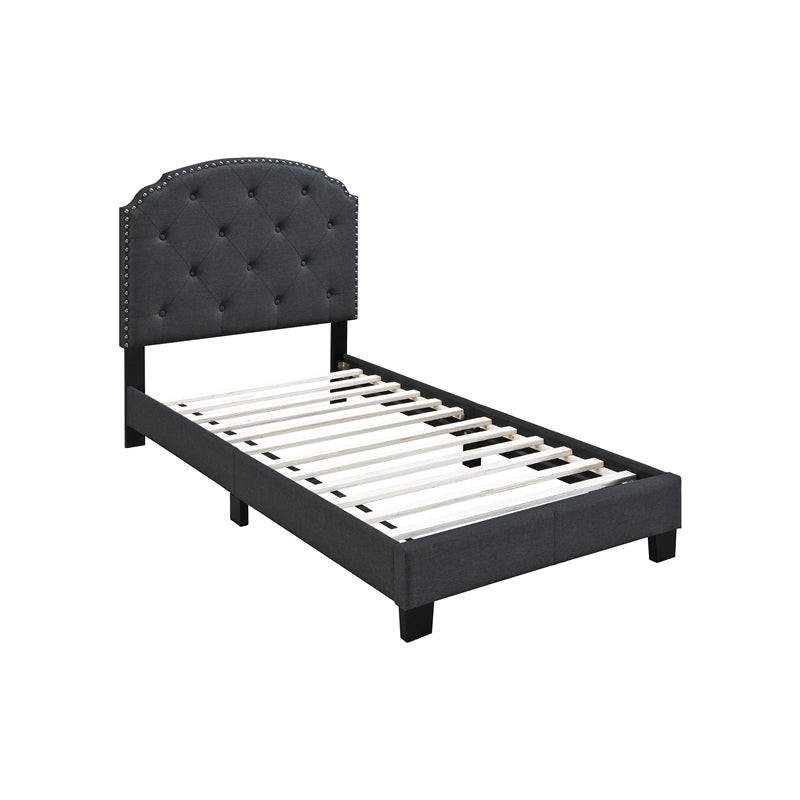 Poundex F9572T Upholstered Bed Frame with Slats in Charcoal Burlap Fabric - Twin Size