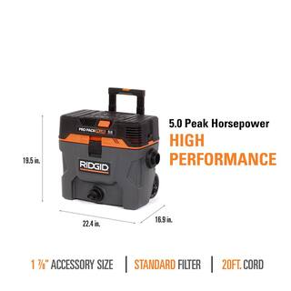 RIDGID 10 Gallon 5.0 Peak HP ProPack Plus WetDry Shop Vacuum with Filter Expandable Locking Hose and Accessories WD1022