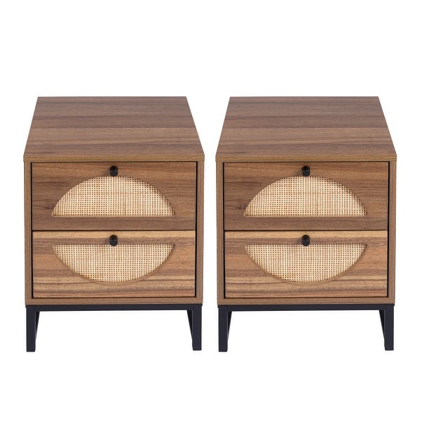 Rattan Nightstand Set of 2， Walnut End Table with 2 Natural Rattan Drawer and Metal Legs