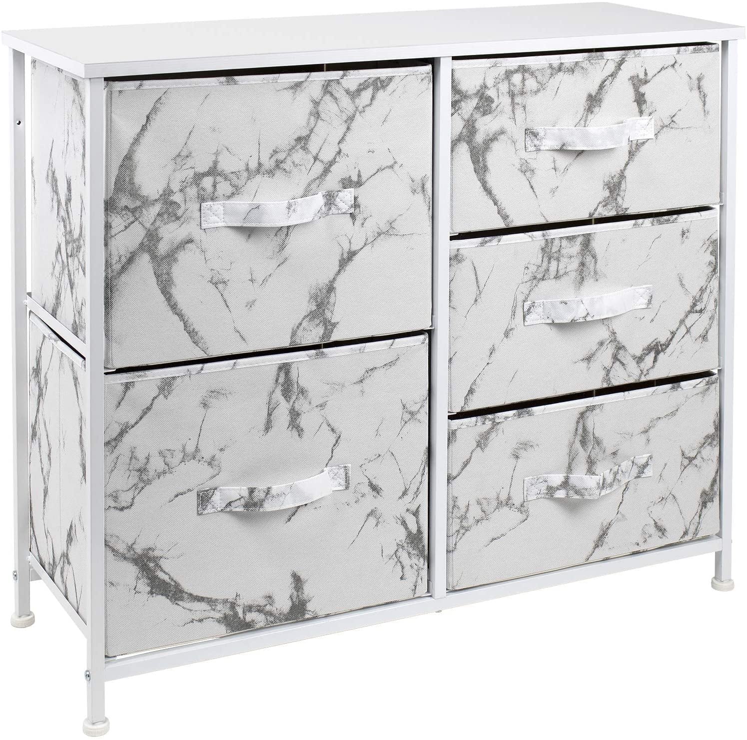 Sorbus Dresser with 5 Drawers- White Frame, White Marble Drawers