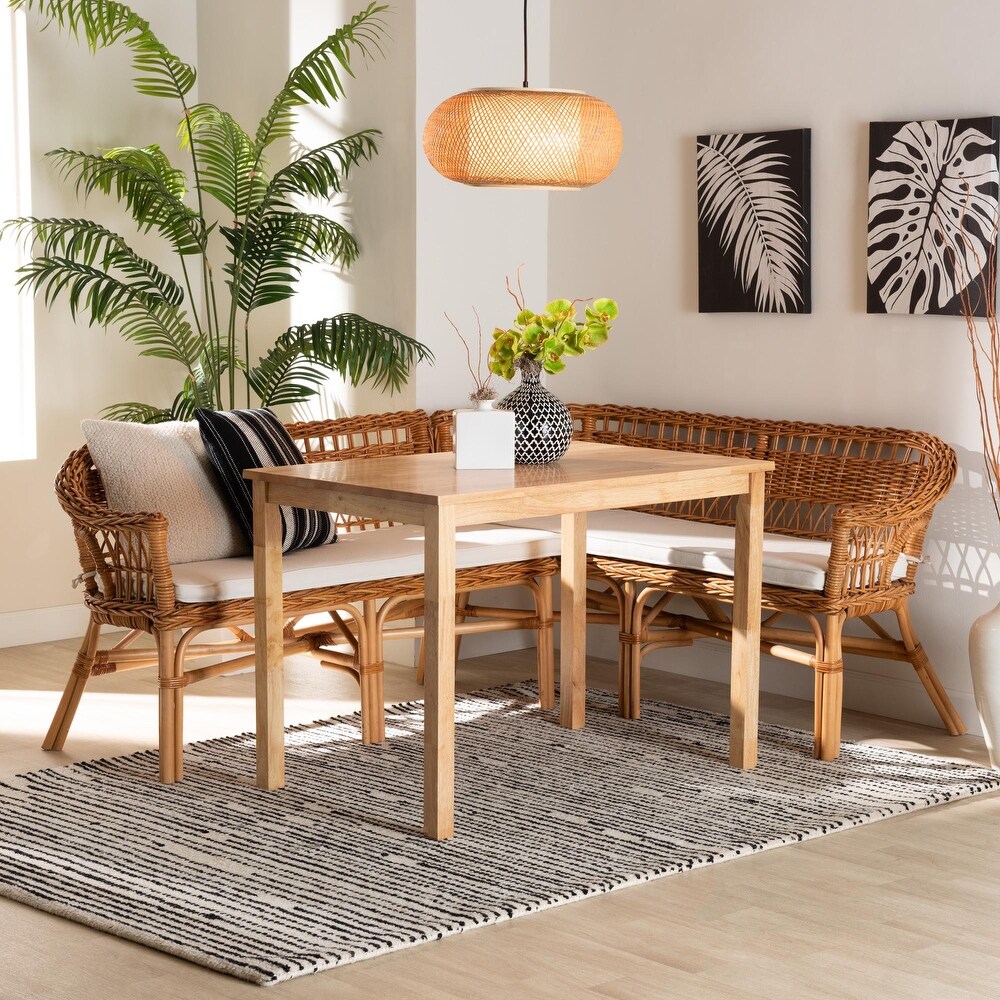 Nella Bohemian Natural Brown Finished Wood and Rattan 3 Piece Dining Nook Set