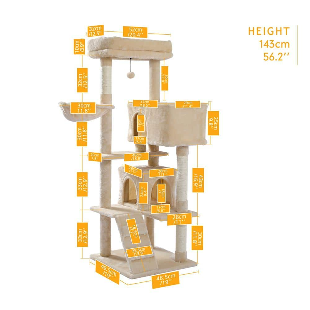 Foobrues Cat Tree 56 in. Cat Tower for Multiple Cats with Super Large Perch Double Condo Hammock and Scratching Post L-W79633963