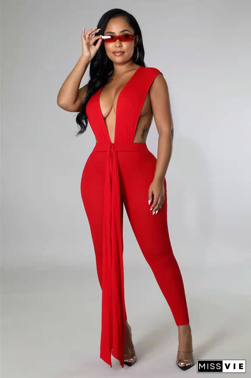 Deep V-neck Bandage Sleeveless Bodycon Jumpsuit