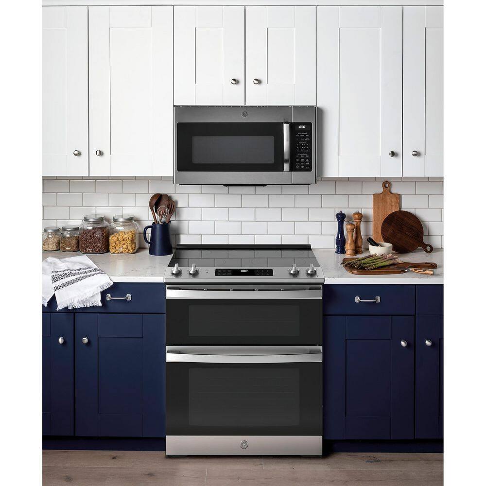 GE 30 in. 6.6 cu. ft. Slide-In Double Oven Electric Range in Stainless Steel with True Convection JSS86SPSS