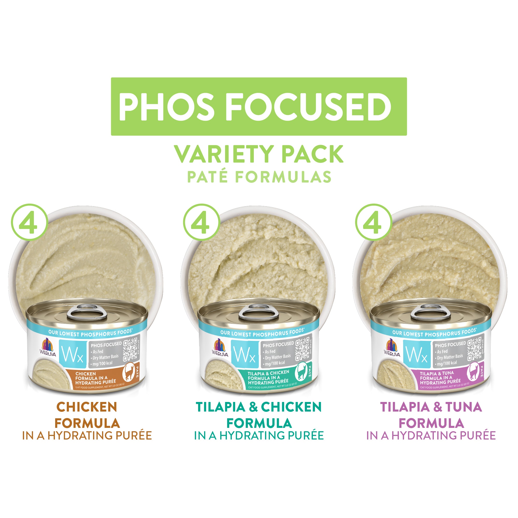 Wx Phos Focused Foods Pate Formulas Variety Pack Wet Cat Food， 3 oz.， Count of 12