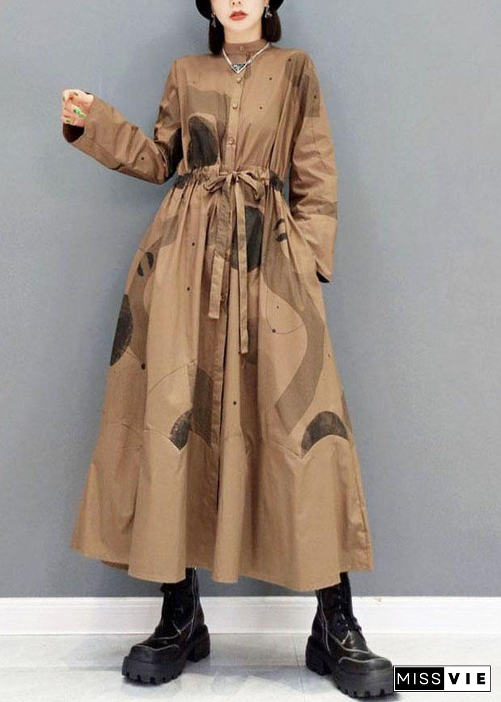 Comfy Brown Pockets Tie Waist Fall Long Sleeve Dresses