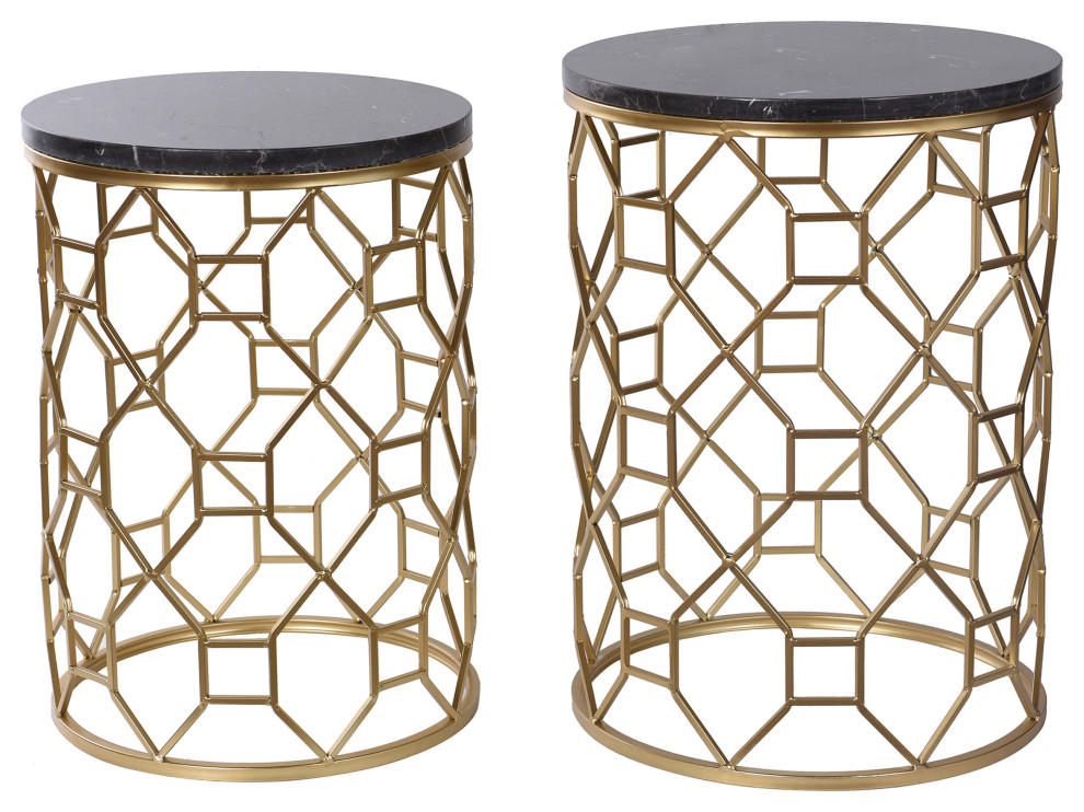 Round Marble Side Tables Light Brown Marble Top Gold  2 Piece Set   Contemporary   Coffee Table Sets   by Buildcom  Houzz