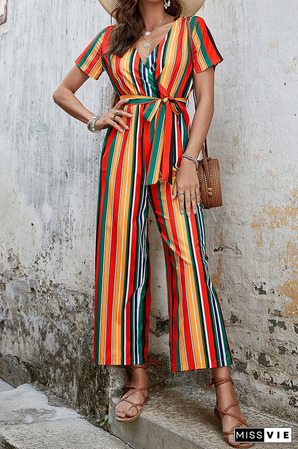 Wrap V Neck Multicolor Striped Jumpsuit