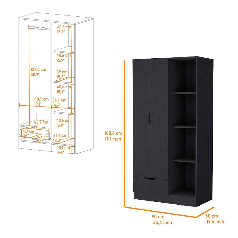 Redmond Armoire with Single Drawer， 4 Storage Shelves and Hanging Rod