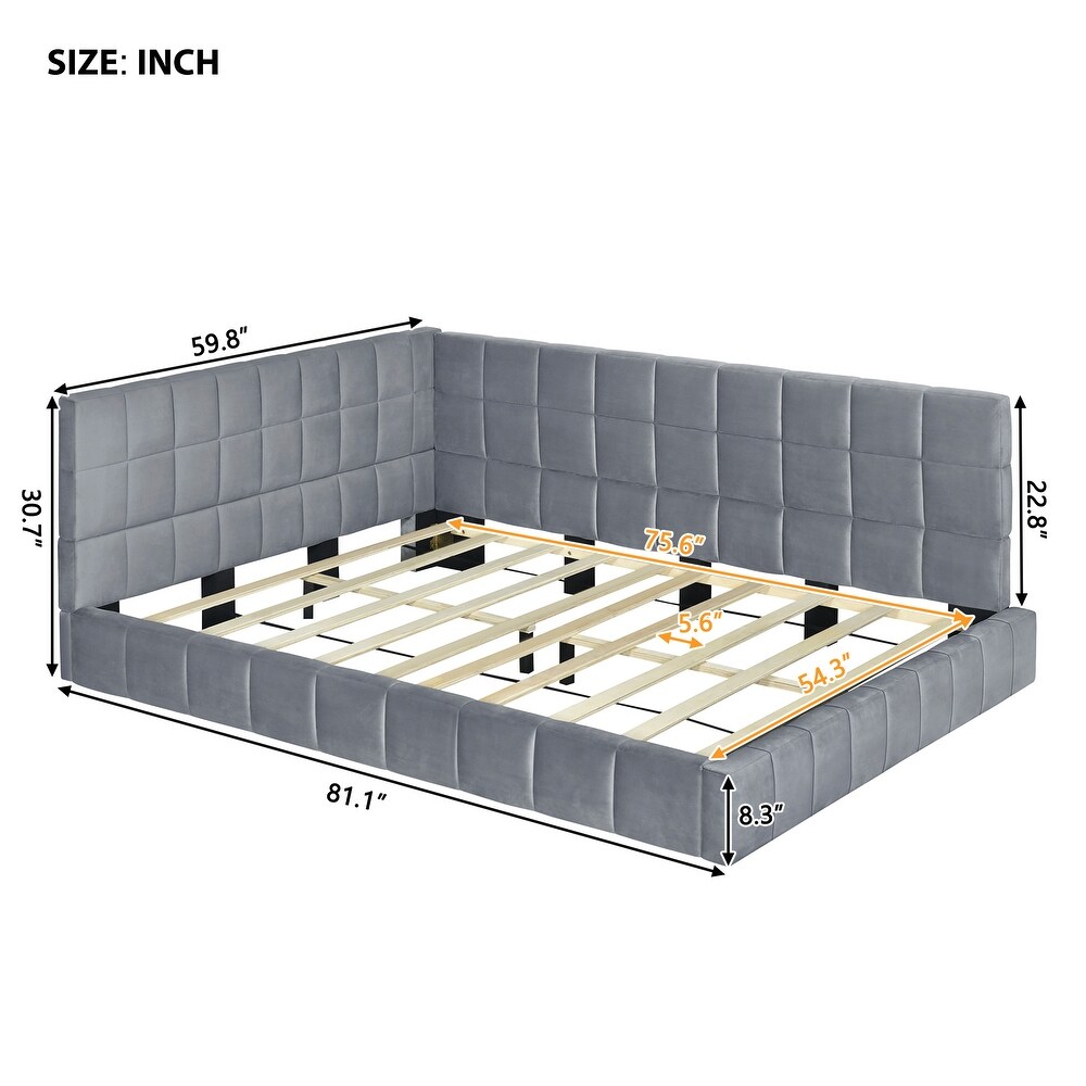 Full Size Upholstered Daybed with Backrest and 1 Unique Armrests  Mid Century Modern Sofa Bed Frame with Wood Slat Support