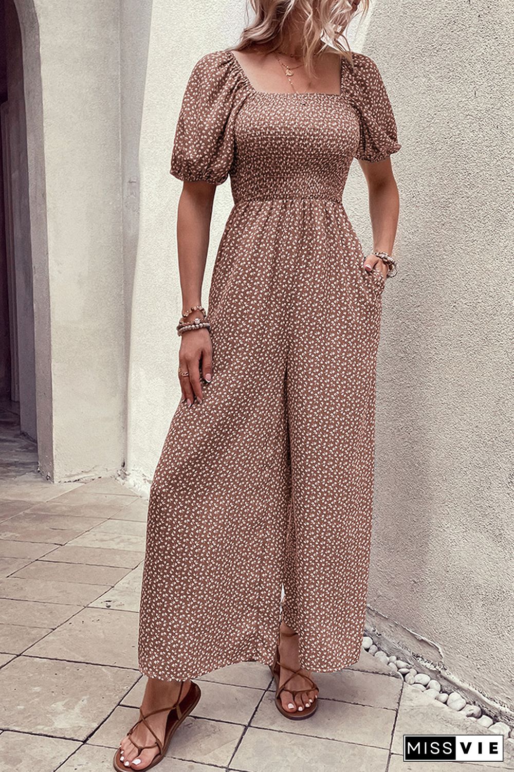 Printed Squared Neck Smocked Puff Wide Leg Jumpsuit