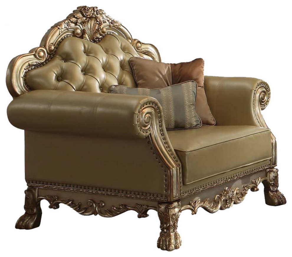 Traditional Button Tufted Leatherette Chair With Carved Details  Gold   Victorian   Armchairs And Accent Chairs   by VirVentures  Houzz