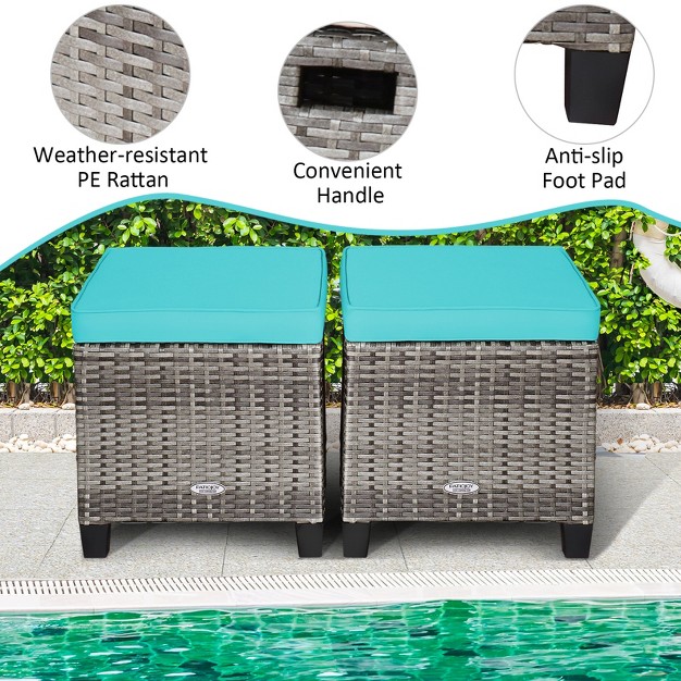 Tangkula Set Of 2 Outdoor Rattan Cushioned Ottoman Seat All Weather Patio Footrest Red turquoise