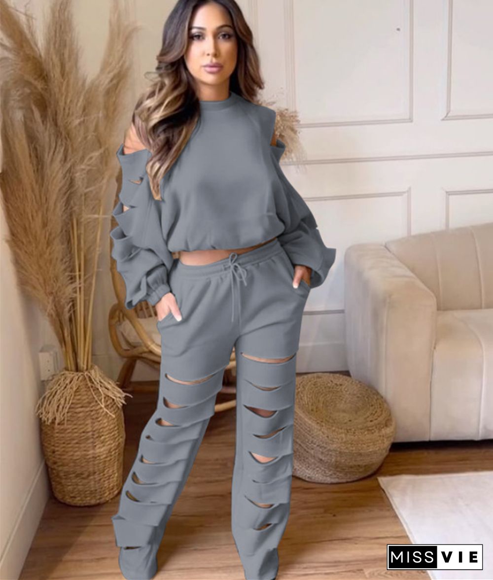 Cut Out Holes Long Sleeve T-shirt and Pants Outfits