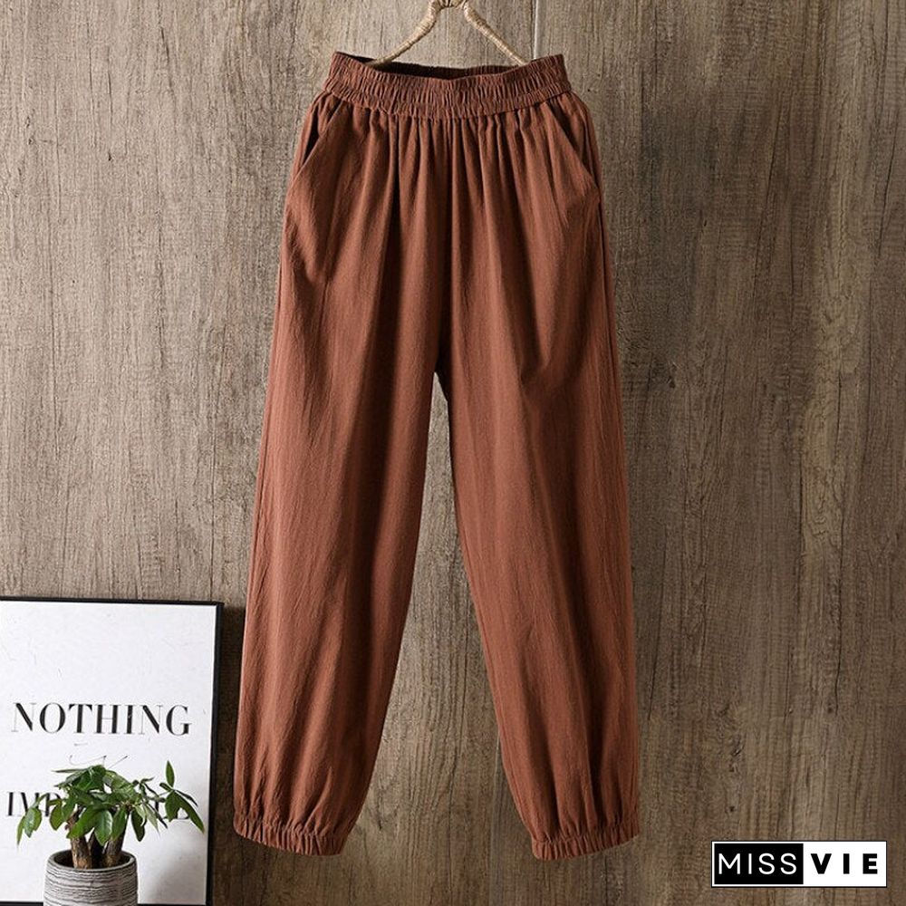 Casual Style Cotton Linen Pants Women Spring Summer New Elastic Waist Solid Basic Retro Loose Women'S Harem Pants Trousers