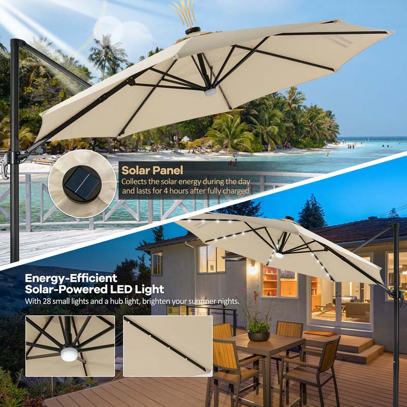 10 FT Cantilever Offset Patio Umbrella 28 Solar LED Lighted Market Umbrella with 3-Tilt Position, Crossed Base