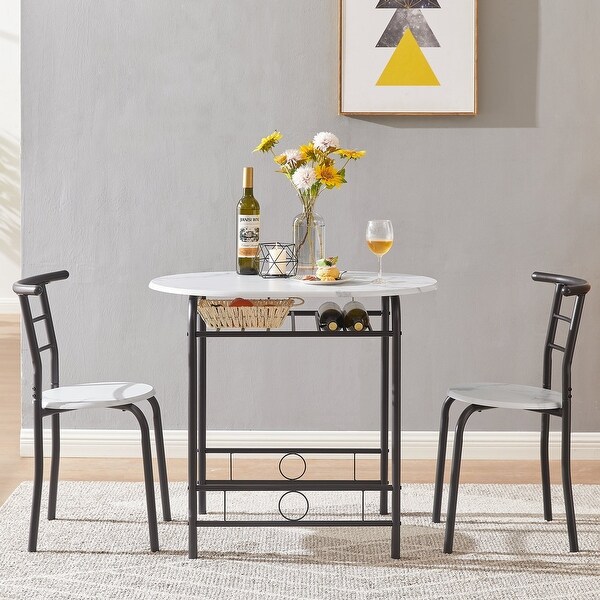 3-Piece Dining Set， Modern Wood Oval Table and 2 Chairs Set with Built-In Wine Rack