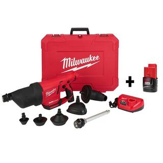 MW M12 12V Lithium-Ion Cordless Drain Cleaning Airsnake Air Gun Kit with (2) 2.0 Ah Batteries Toilet Attachments 2572B-21-48-11-2420