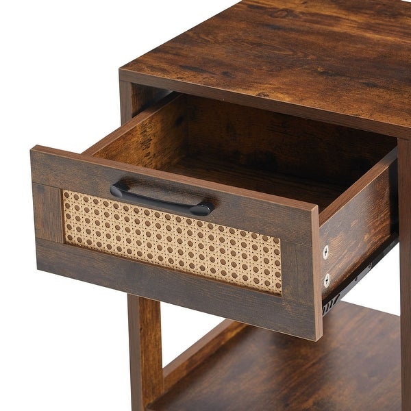 Rectangle MDF Rattan End Table with Drawer Modern Nightstand Side Table - 15.75*15.75