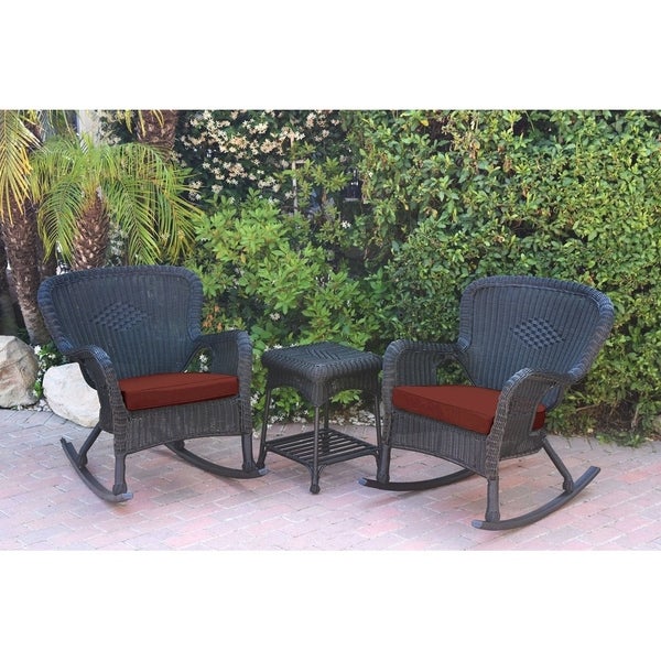 Windsor Black Wicker Rocker Chair and End Table Set with Chair Cushion - Overstock - 22898183