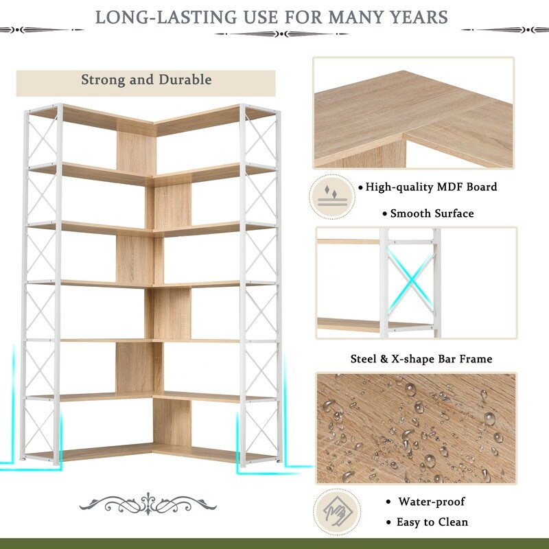 L Shaped 7 Tier Corner Bookshelf and Bookcase