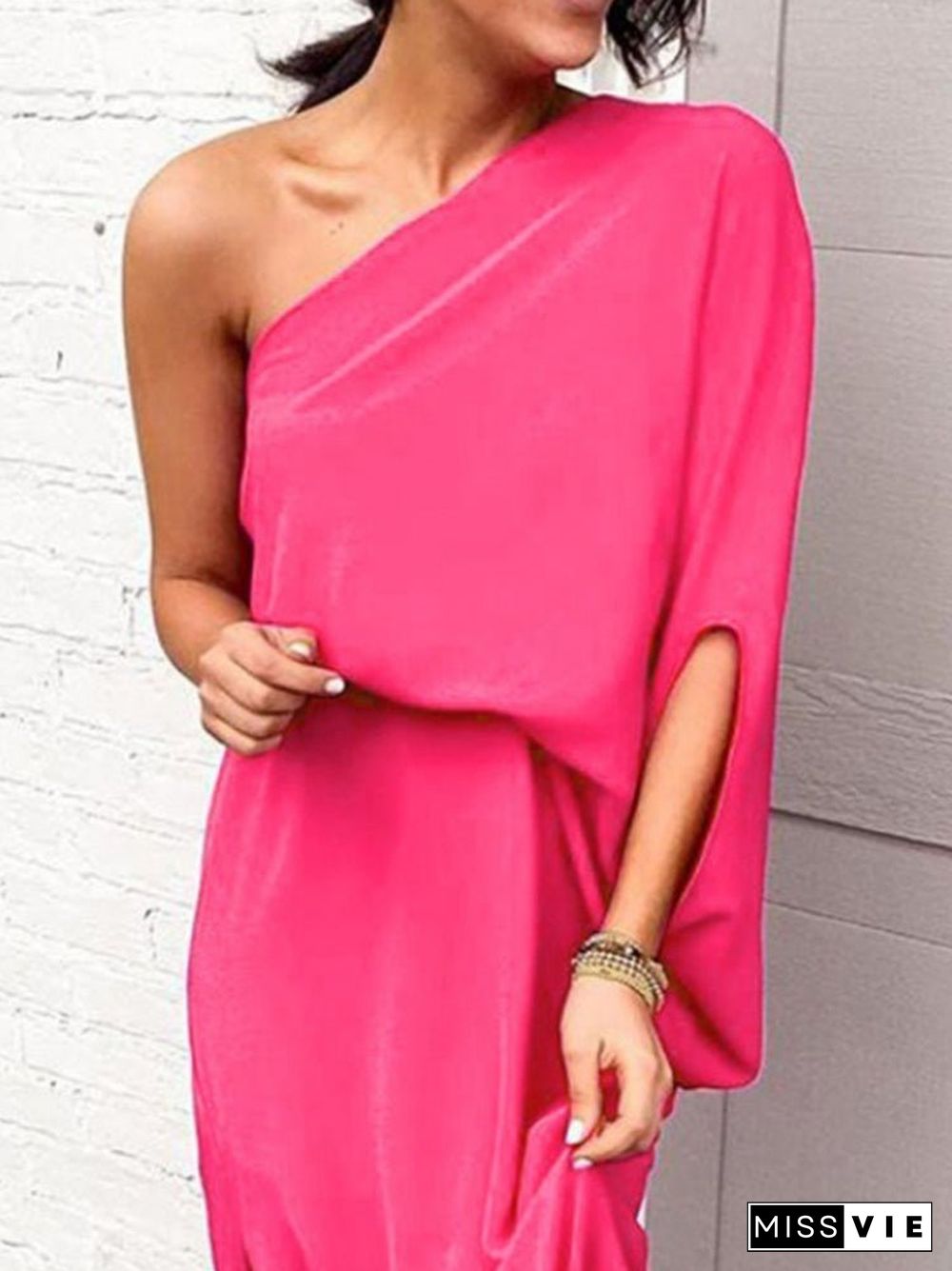 Women'S Dresses Slanted Shoulder Irregular Slit Dress