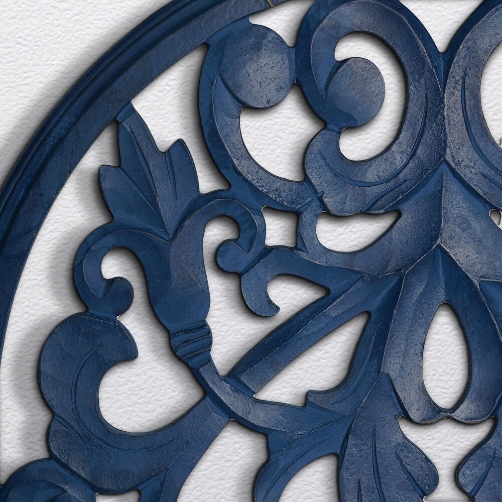 Hand Carved Arched Navy Blue Wood Wall Accent Medallion   24\