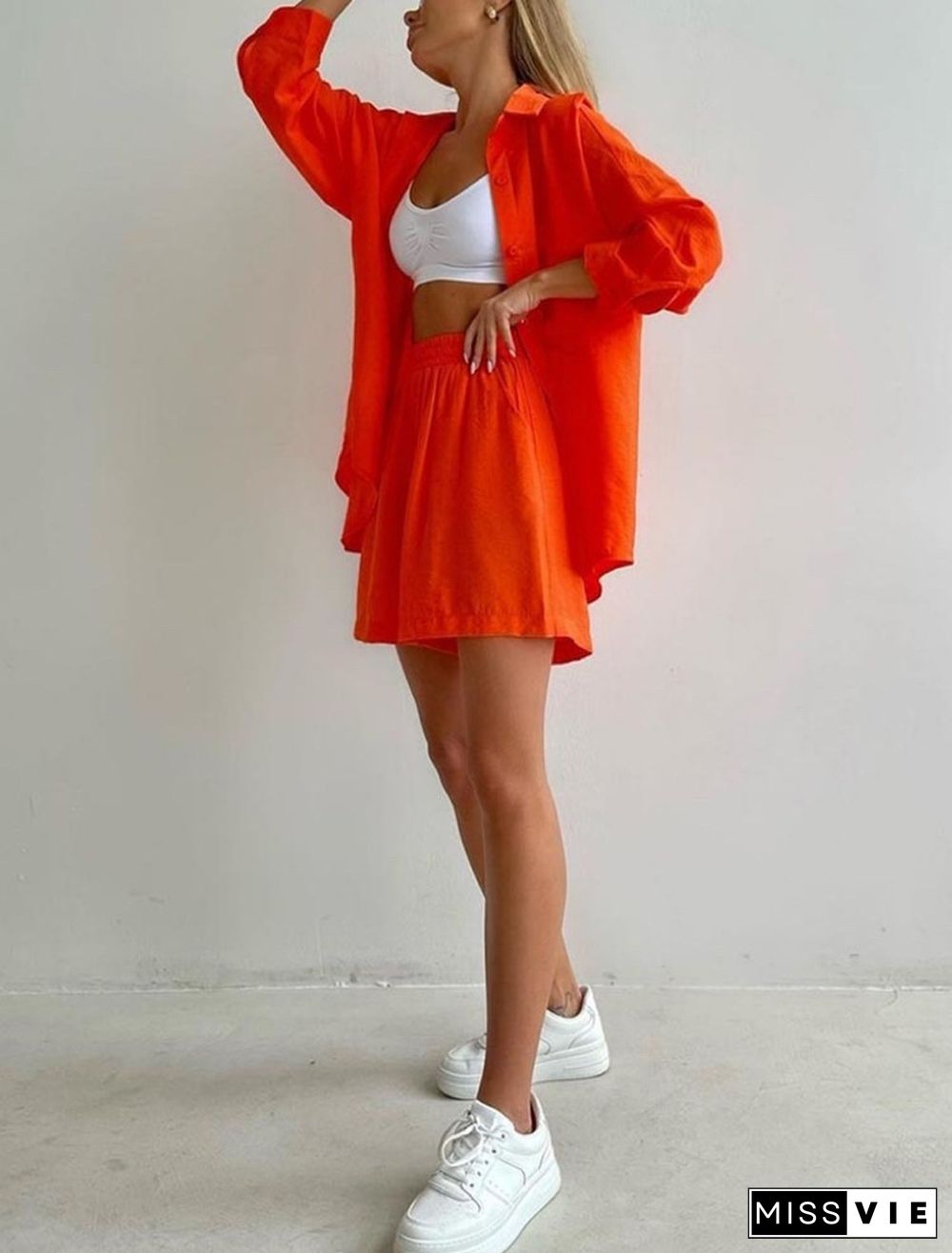 Fashion Solid Color Long Sleeves Shirt Loose Shorts Suit