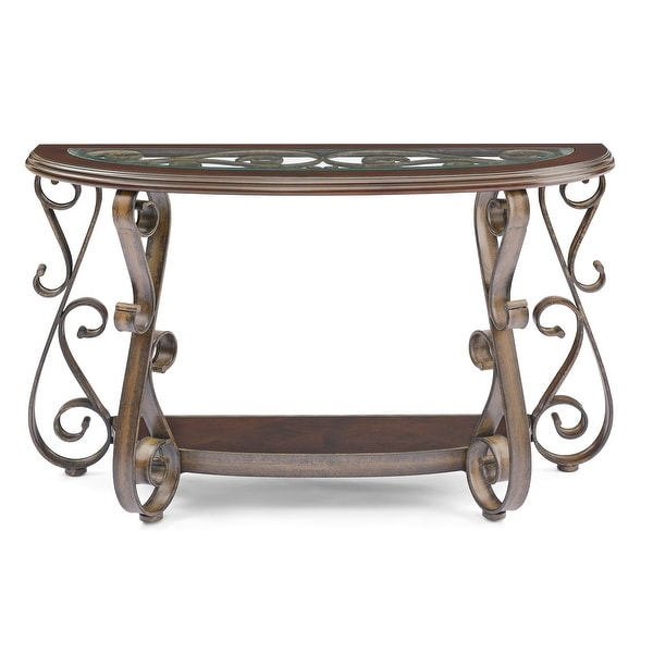 Oaks Aura Dark Brown French Country Coffee Table with Glass Table Top and Powder Coat Finish Metal Legs