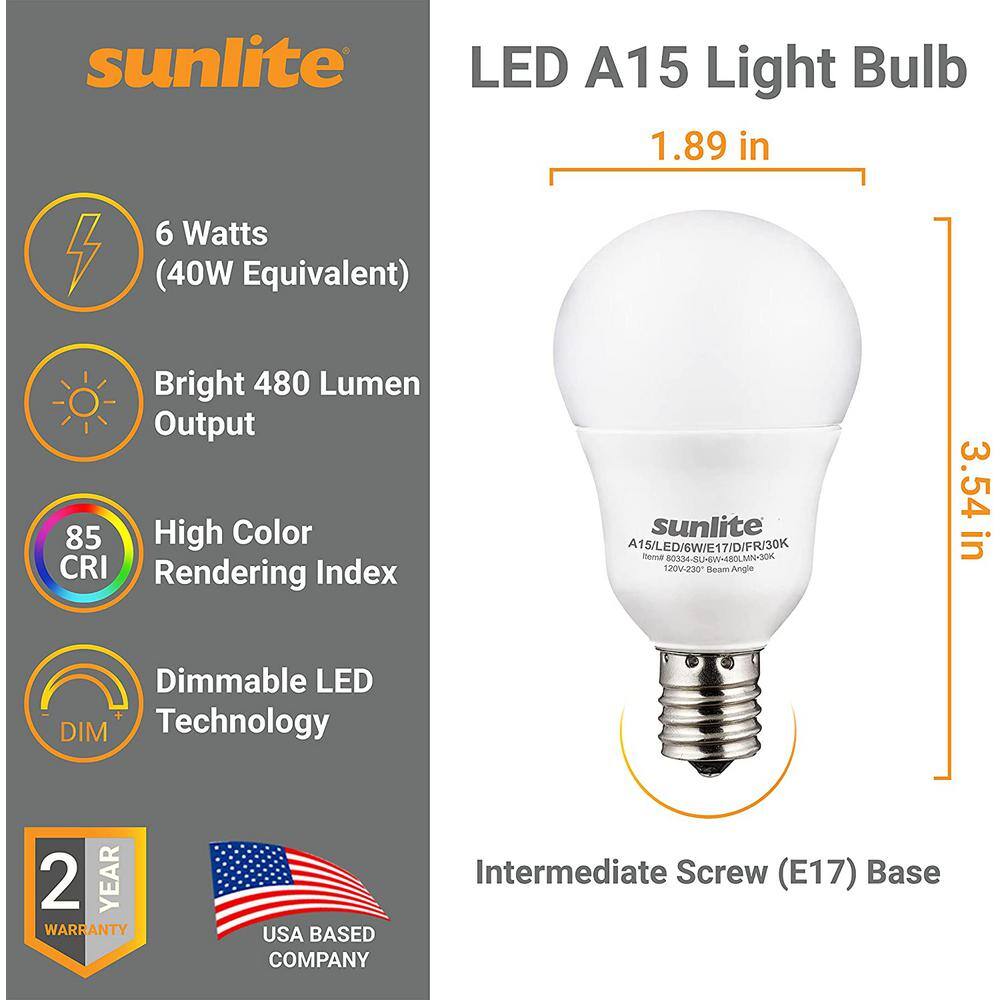 Sunlite 6-Watt A15 LED Dimmable Intermediate E17 Base Appliance LED Light Bulbs in Warm White 3000K (6-Pack) HD03014-6