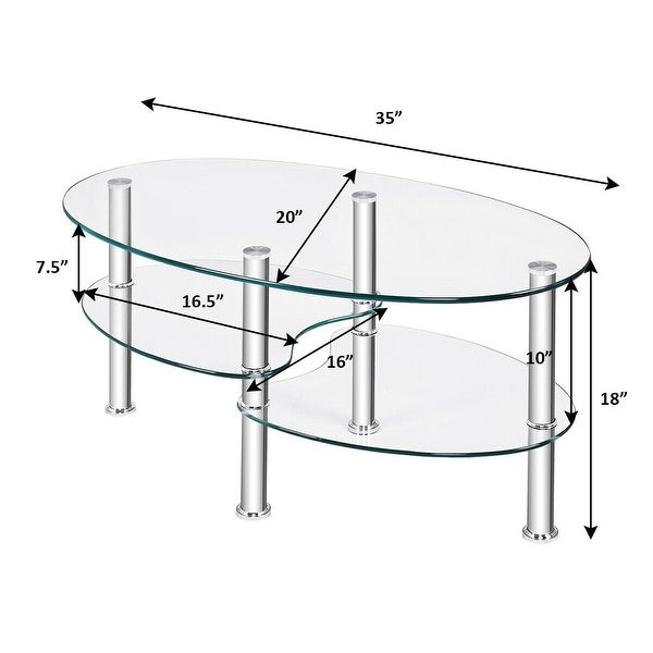 Costway Tempered Glass Oval Side Coffee Table Shelf Chrome Base Living