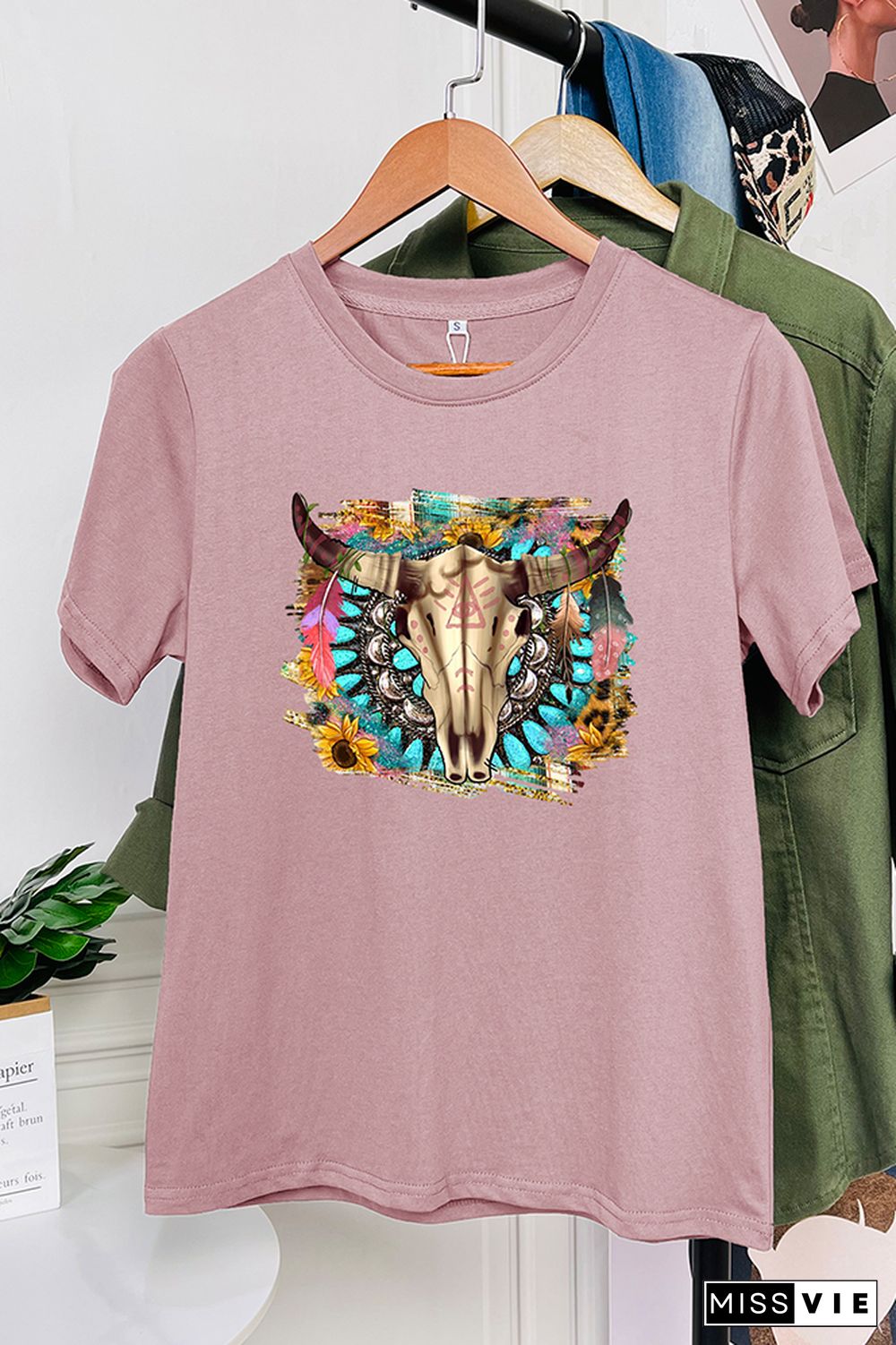 Western Boho Skull Pngturquoise And Leopard Short Sleeve Graphic Tee Wholesale