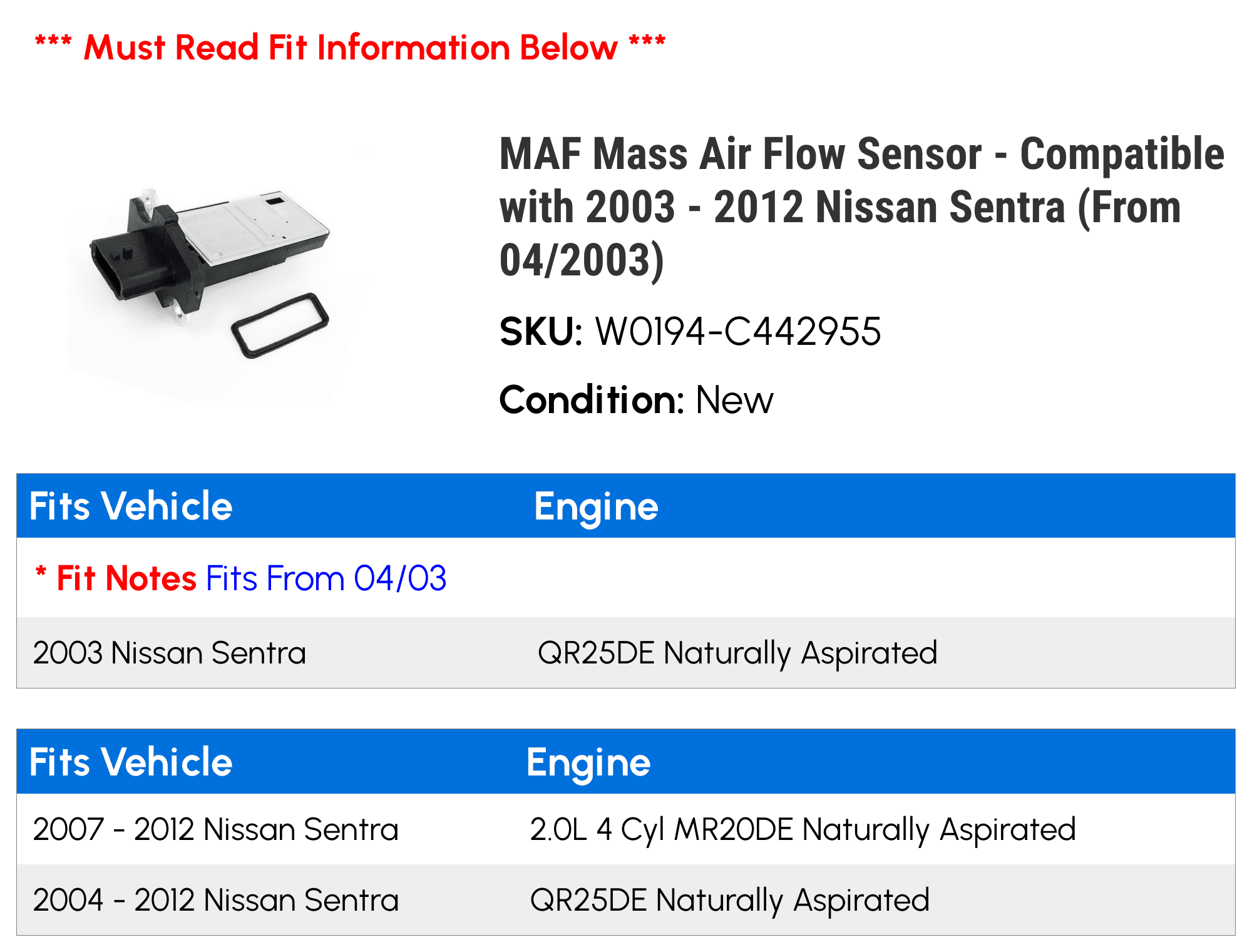 MAF Mass Air Flow Sensor - Compatible with 2003 - 2012 Nissan Sentra (From 04/2003) 2004 2005 2006 2007 2008 2009 2010 2011