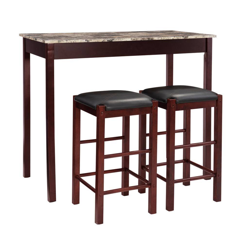 Linon Home Decor Tahoe Espresso Wood with Faux Marble Top 3-Piece Tavern Set and Padded Seats 02859SET-01-KD-U