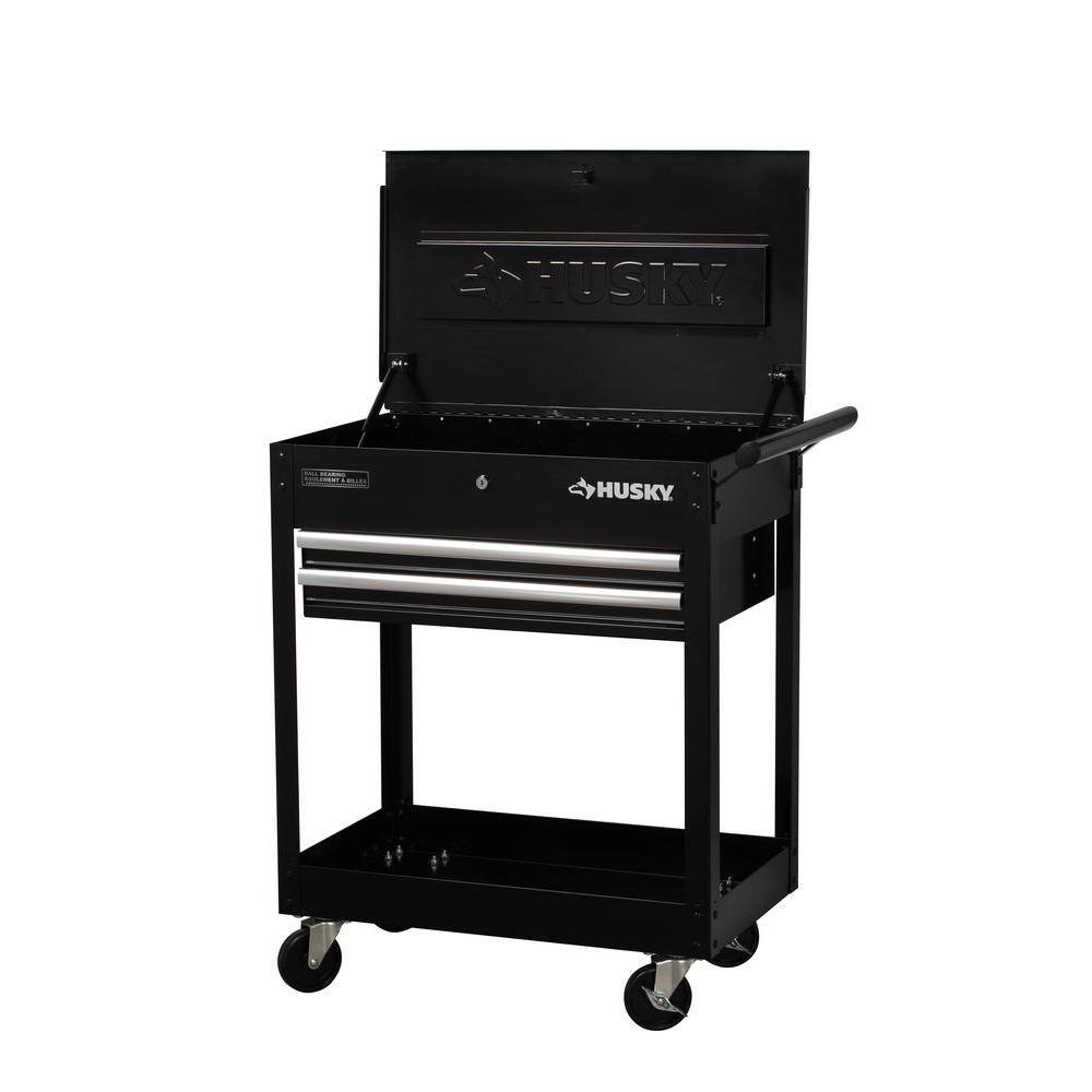 Husky 28 in. W x 16.3 in. D Standard Duty 2-Drawer Rolling Tool Utility Cart with Lift-Top in Gloss Black H2DMC