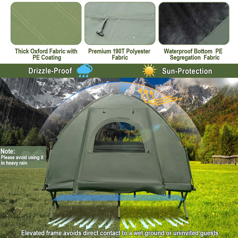 5-in-1 Off-Ground Tent Cot 1-Person Foldable Camping Bed Tent with Awning, Air Mattress, Sleeping Bag, Carrying Bag