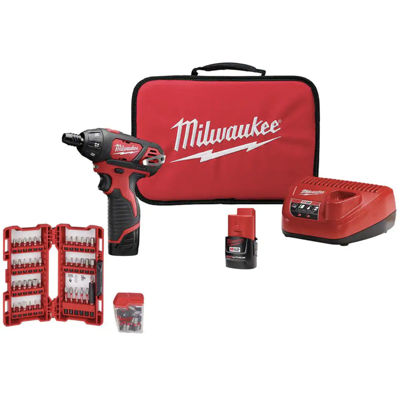 Milwaukee M12 12V Lithium-Ion Cordless 1/4 in. Hex Screwdriver Kit with SHOCKWAVEAlloy Steel Screwdriver Bit Set (72-Piece)