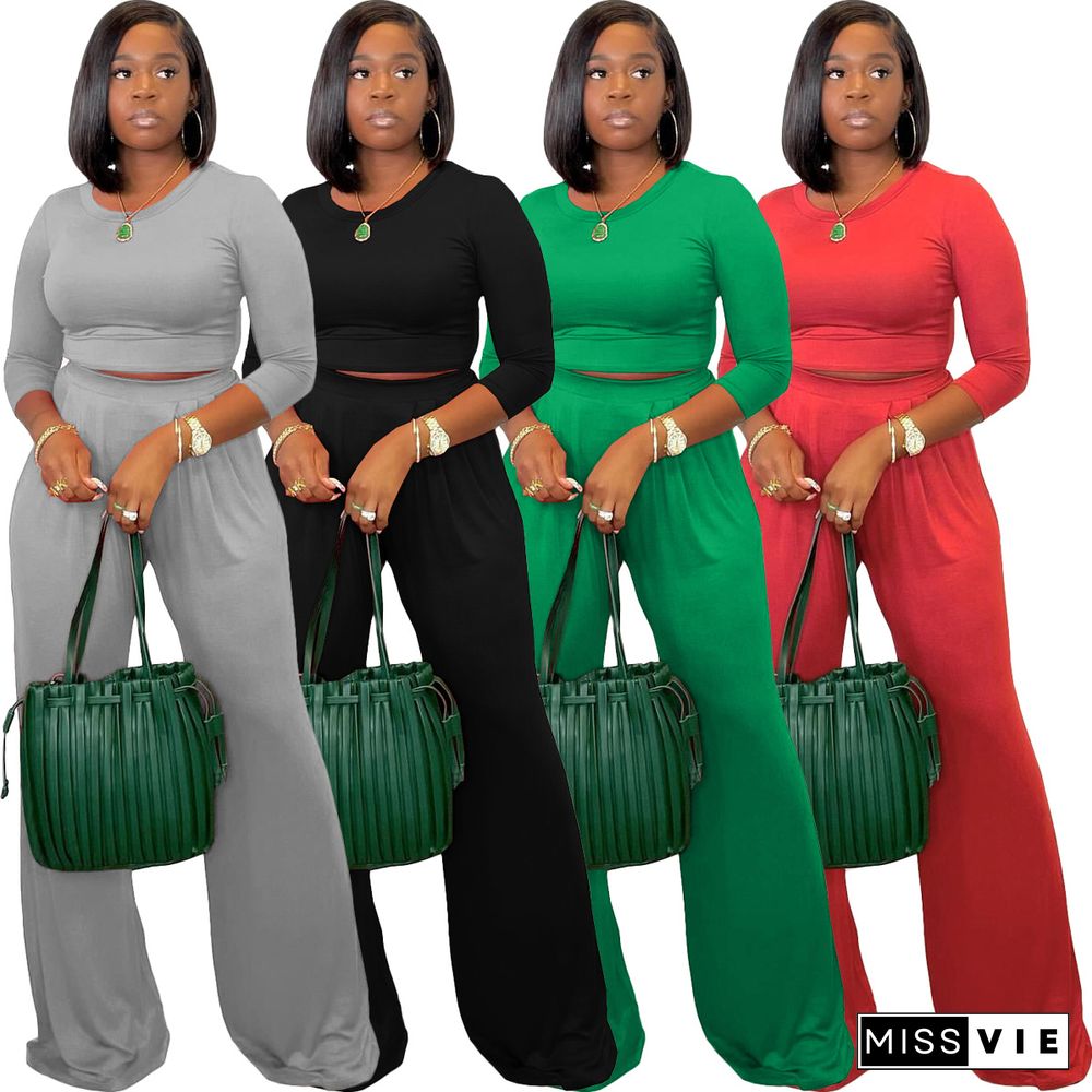 Long Sleeve O Neck Crop Tops Wide Leg Pants Set