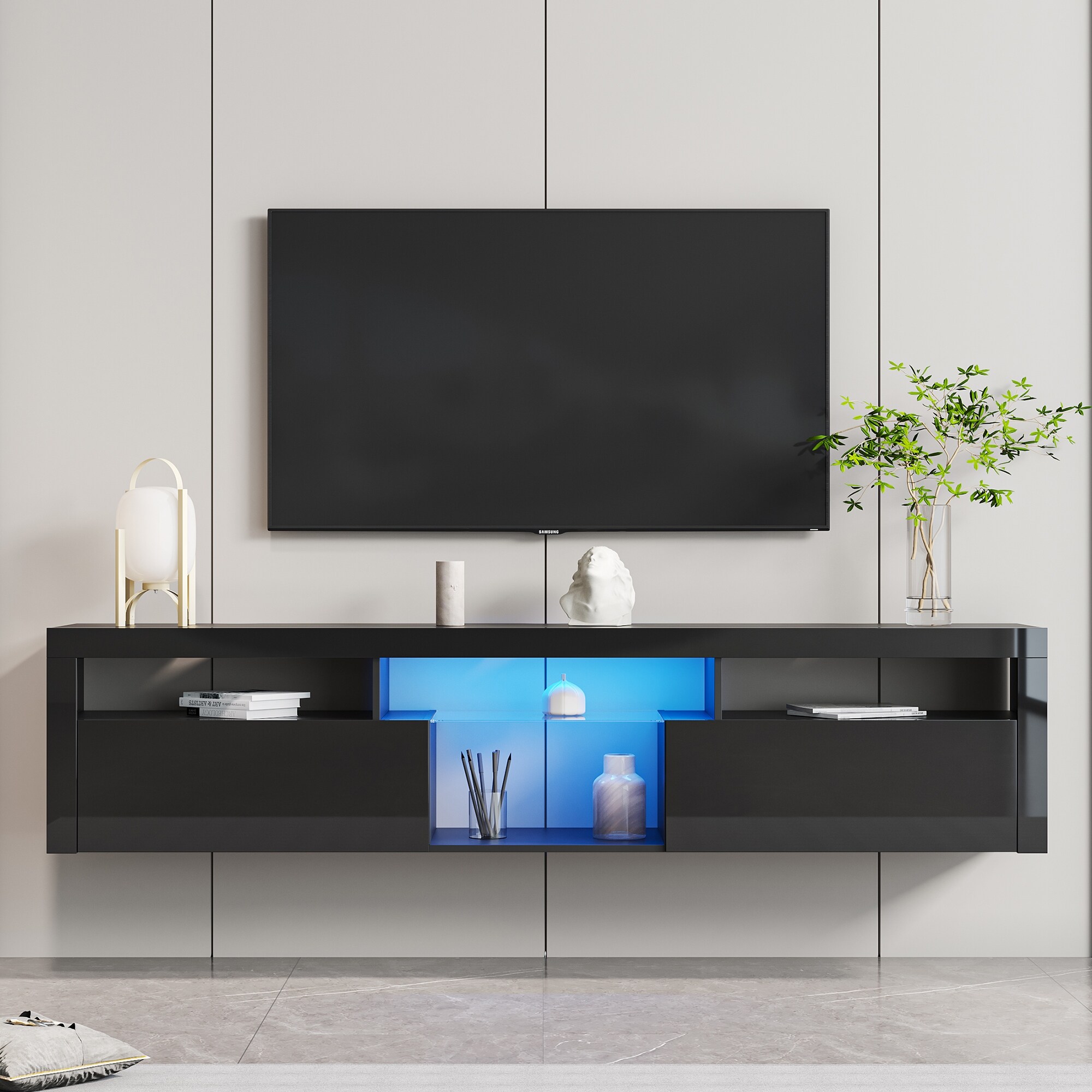 78''L Modern FloatingandFloor Dual-Use TV Stand Cabinet with 2 Storage CabinetandOpen Shelf for Living Room Bedroom， Max 70 inch